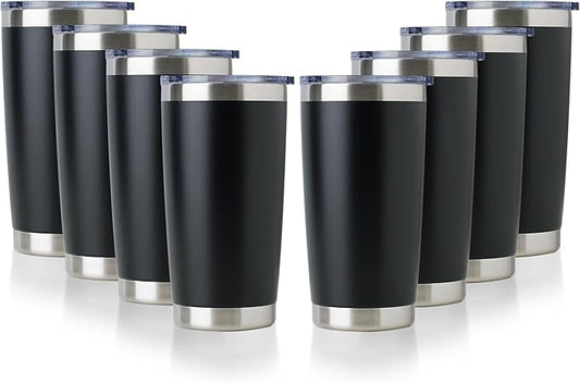 DOMICARE 20oz Stainless Steel Tumbler Bulk with Lid, Double Wall Vacuum Insulated Travel Mug, Powder Coated Coffee Cup, Powder Black, 8 Pack