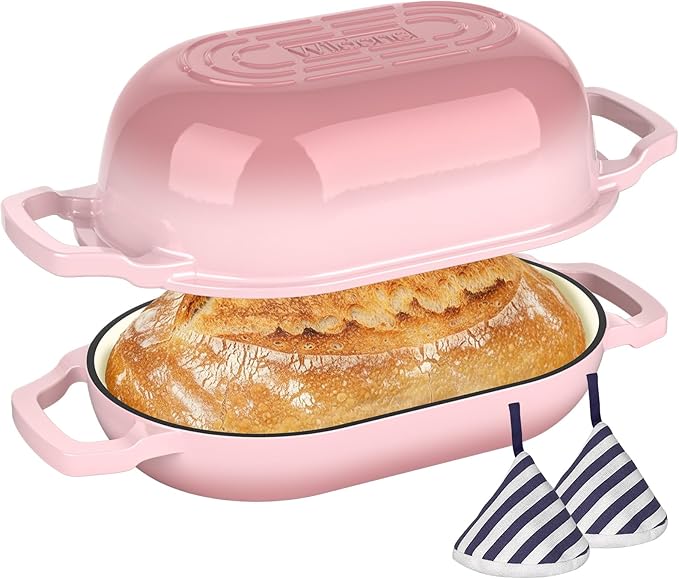 Enameled Cast Iron Sourdough Bread Oven, Wildone 5.5QT Cast Iron Dutch Oven for Homemade Bread Baking, Bread Pan with Lid & Cotton Potholders, Pink