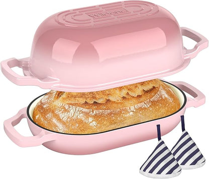 Enameled Cast Iron Sourdough Bread Oven, Wildone 5.5QT Cast Iron Dutch Oven for Homemade Bread Baking, Bread Pan with Lid & Cotton Potholders, Pink