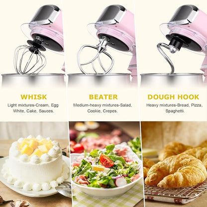Kitchen in the box Stand Mixer,3.2Qt Small Electric Food Mixer,6 Speeds Portable Lightweight Kitchen Mixer for Daily Use with Egg Whisk,Dough Hook,Flat Beater (Pink)