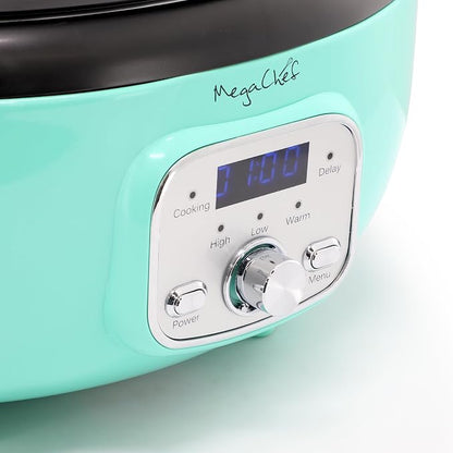 MegaChef 3.7 Quart Oval Electric Digital Slow Cooker with Black Stoneware Crock, Adjustable Timer & Temperature Control, Delay, High, Low & Warm Settings - Versatile Cooking Appliance (Turquoise)