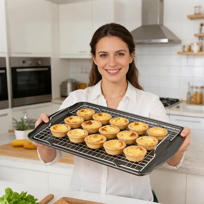 Baking Sheet with Rack Set, Carbon Steel Cookie Sheets for Baking, Multipurpose Cooking Sheet Pan, Cooling Rack, Nonstick Baking Pans, Dishwasher Safe, Size 17 x 12 x 0.8 Inches