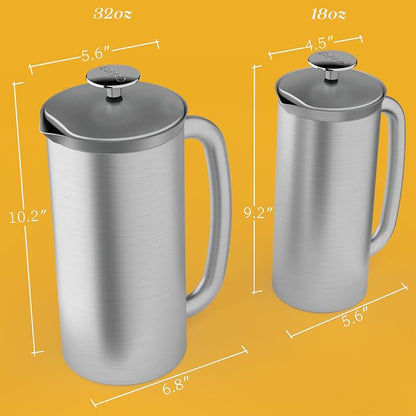 ESPRO Pro P7 Brushed Stainless Steel French Press 304 – Patented Double Walled Micro-Filter Insulated French Press Coffee Maker, Grit-Free Brew - Heat Resistant BPA Free - 18oz