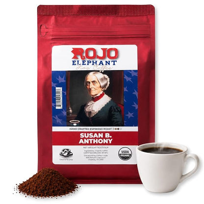 Rojo Elephant Caffeinated Ground Coffee, Single Origin Arabica Beans, Naturally Low Acid, Premium Ground Coffee (11 oz Bag) (Espresso Roast - Susan B. Anthony)