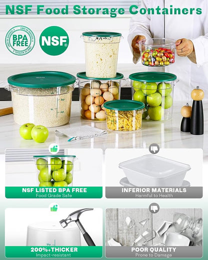 2QT&4QT NSF Round Food Storage Containers with Lids: 4 PCS [Total Food Grade][Hot&Cold Resistant] Dough Proofing Container for Pizza, Bread with Measuring Spoons Included(BPA FREE) (GREEN)