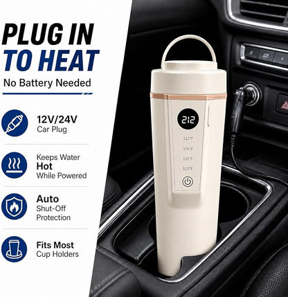 Car Electric Kettle 12V/24V Dual Voltage, Portable Travel Electric Kettle for Road Trips, Mini Small Water Boiler with 4 Temp Control, 316 Stainless Steel,16oz(Beige)