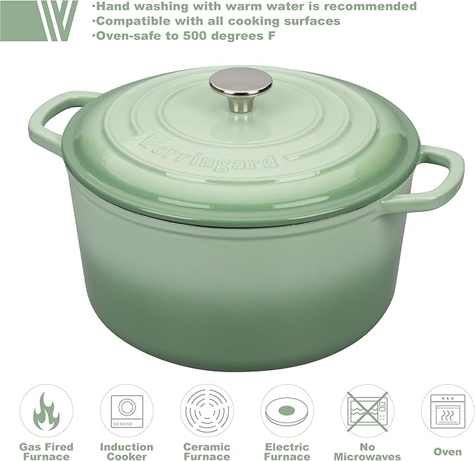 VORRINGARD Enameled Cast Iron Dutch Oven Pot with Lid, for Sourdough Bread Baking, Round Dutch Ovens, 6 Quart, Green