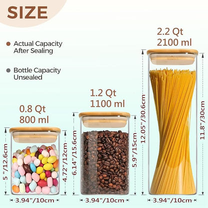 VIEWELLD Food Storage Containers with Airtight Bamboo Lids Set of 5, Glass Canisters with Airtight Lids, Glass Food Storage Containers for Pasta, Oats, Coffee, Flour, Sugar, Best for Kitchen, Square
