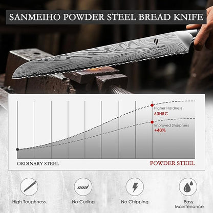 10 inch Bread Knife in Powder Steel, Serrated Bread Knife for Homemade Bread Sourdough Ultra Sharp Bread Slicer Knives with Ergonomic Pakkawood Handle for Sourdough, Turkey and Fruit