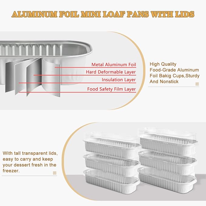 Mini Cake Pans with Lids and Spoons 200 Pack, Mini Loaf Pans with lids 6.8oz, Small Disposable Aluminum Foil Loaf Pans, Rectangular Baking Container for Party, Picnics and Birthday (White)
