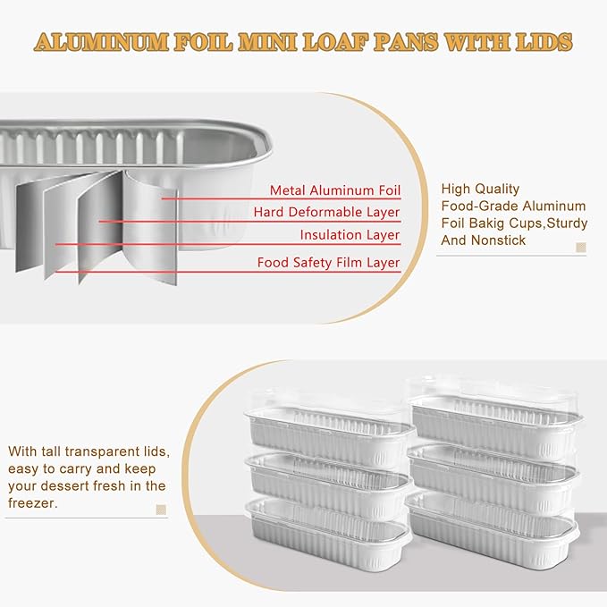 Mini Cake Pans With Lids And Spoons 50 Pack,6.8 oz Rectangle Mini individual Loaf Pans, Disposable Aluminum Foil Small Baking Cups Tins, Baking Containers for Xmas, Party and Picnics (White)