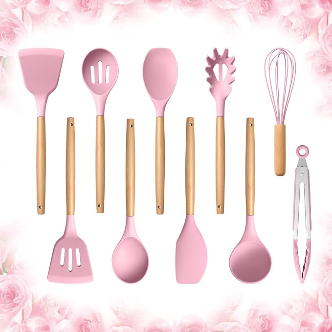 E-far Silicone Cooking Utensils Set, 10-Piece Kitchen Utensils Set with Wooden Handle for Cooking, Non-toxic Silicone Kitchen Nonstick Tools Spatula Whisk Tongs Ladle, Heat Resistant & Health, Pink