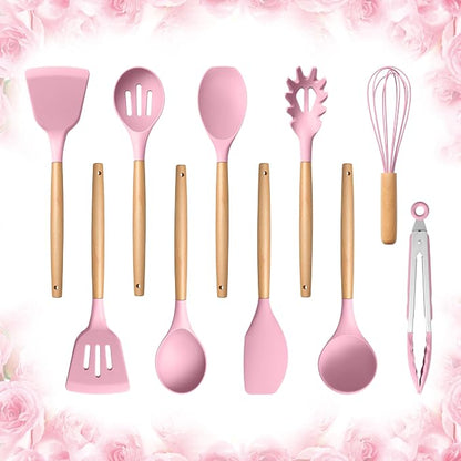 E-far Silicone Cooking Utensils Set, 10-Piece Kitchen Utensils Set with Wooden Handle for Cooking, Non-toxic Silicone Kitchen Nonstick Tools Spatula Whisk Tongs Ladle, Heat Resistant & Health, Pink