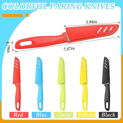 Lothee 50 Pcs Paring Knife Bulk, 5 Colors Fruit Vegetable Stainless Steel Kitchen Ultra Sharp Knife with Plastic Handle for Chef Cutting Peeling Cooking, 3.94 Inches Blades
