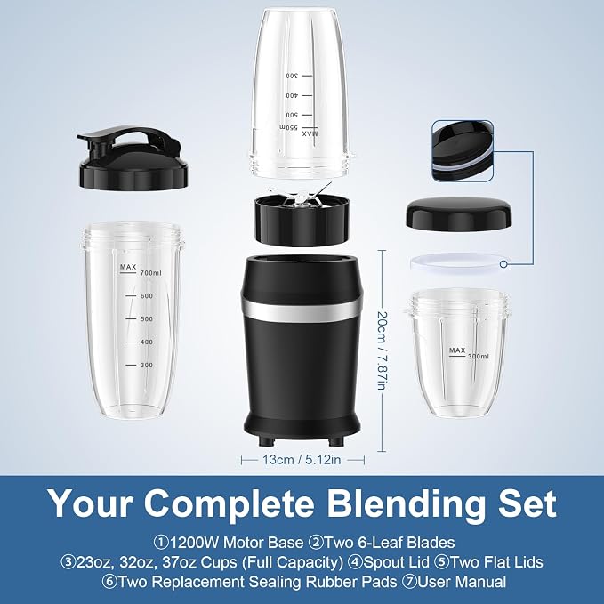 Colarlemo 12-Piece Smoothie Blender Maker 25,000 RPM Personal Blender for Ice Crushing Smoothies & Frozen Drinks Nuts with 23oz, 32oz, 37oz Portable Cups Two 6-Leaf Stainless Steel Blades, Sand Black