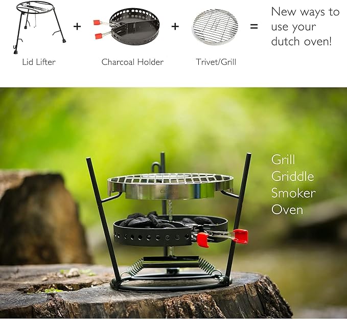 CampMaid Outdoor Cooking Set - Dutch Oven and Tools Set - Charcoal Holder & Cast Iron Grill Accessories - Camping Grill Set - Outdoor Cooking Essentials - Camp Kitchen Equipment - (6 Piece Set)