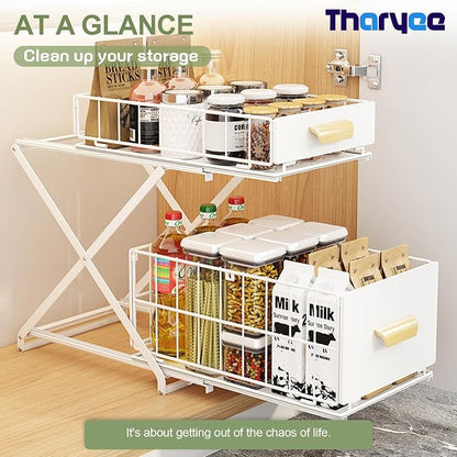 2 Tier Pull Out Pull out Cabinet Organizer with Adjustable Height, Under Sink Organizer, Slide out Pantry Shelves Drawer Storage for Kitchen Organization (White, 2 Tier)