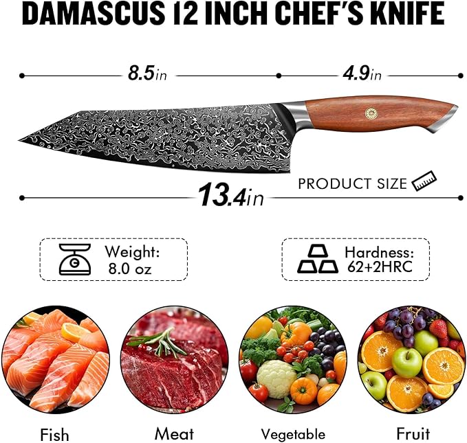 Freelander 8.5 inch Damascus Chef Knife with VG10 Core – Full Tang Construction with 4.9 inch Walnut Handle and Mosaic Pin – Premium Cooking Knife for Precision and Power