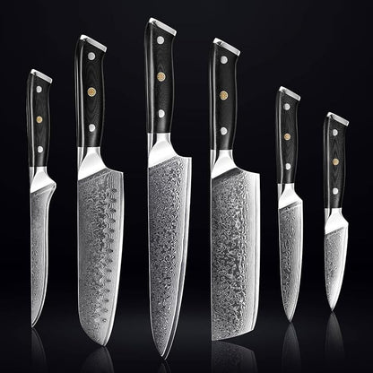 SENKEN 6-Piece Damascus Steel Kitchen Knife Set - Shogun Collection - 67-Layer Japanese VG10 Steel - Chef's Knife, Cleaver Knife, & More, Extremely Sharp Blades for Effortless Cutting, Luxury Gift Box