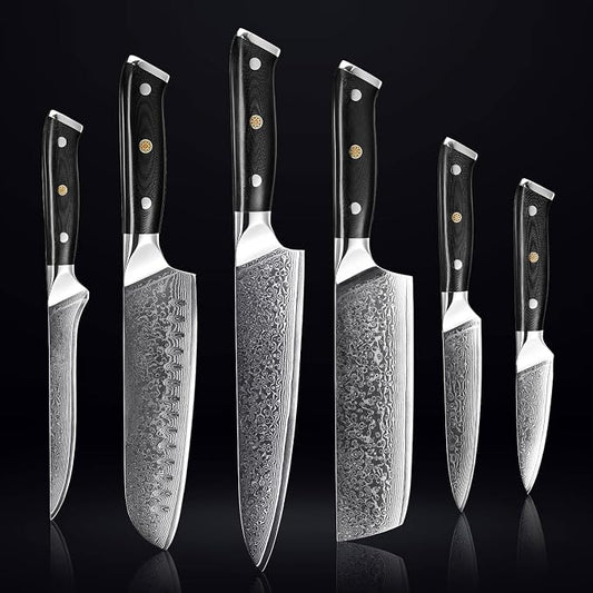SENKEN 6-Piece Damascus Steel Kitchen Knife Set - Shogun Collection - 67-Layer Japanese VG10 Steel - Chef's Knife, Cleaver Knife, & More, Extremely Sharp Blades for Effortless Cutting, Luxury Gift Box