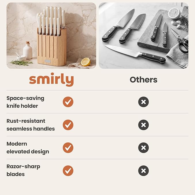 SMIRLY 14-Piece Kitchen Knife Set with Magnetic Block, High Carbon Stainless Steel Chef Knives, Ultra Sharp, Dishwasher Safe, Cream White