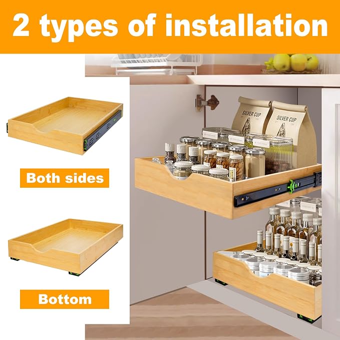MinBoo Bamboo Pull Out Drawers for Cabinets 14" W x 21" D,Gliding Soft Close Shelves for Kitchen, Pantry, and Storage Organization,Pull Out Cabinet Drawer, Cabinet Drawers Slide Out