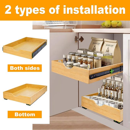 MinBoo Bamboo Pull Out Drawers for Cabinets 14" W x 21" D,Gliding Soft Close Shelves for Kitchen, Pantry, and Storage Organization,Pull Out Cabinet Drawer, Cabinet Drawers Slide Out