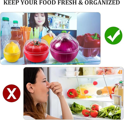 Vegetable and Fruit Storage Containers for Fridge, 3 Pieces BPA Free Reusable Food Saver - Tomato, Lemon, Onion Keeper Holder - Refrigerator Vegetable Crisper for Keeping Food Fresh Longer