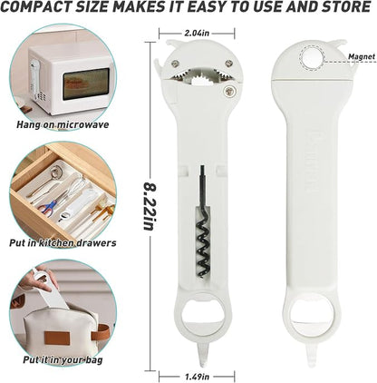 Jar Opener for Seniors with Arthritis, 7 in 1 Bottle Opener and Wine Corkscrew, Easy Grip Kitchen Gadget for Weak Hands Elderly, Retractable Jaw Lid Opener with Magnetic Storage (White)