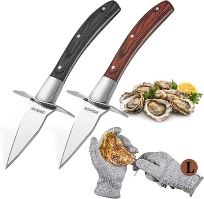Oyster Shucking Knife,Oyster Shucker,2 Set Sturdy Sharpness Oyster Knife With Comfort Wood-handle,Oyster Shucking Kit With 1 Pairs Of Level 5 Protection Cut-resistant Gloves(L) For Oyster Clam