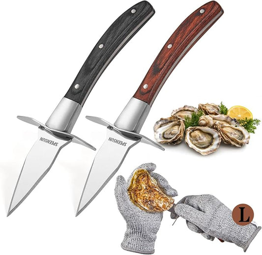 Oyster Shucking Knife,Oyster Shucker,2 Set Sturdy Sharpness Oyster Knife With Comfort Wood-handle,Oyster Shucking Kit With 1 Pairs Of Level 5 Protection Cut-resistant Gloves(L) For Oyster Clam