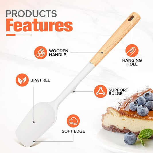 Large Silicone Rubber Spatula Scrapers 14" with Long Wood Handle, Heat Resistant, Essential Baking Tools for Mixing, Stirring, Scraping, Spreading for Nonstick Cookwares, Pack of 2 (White)