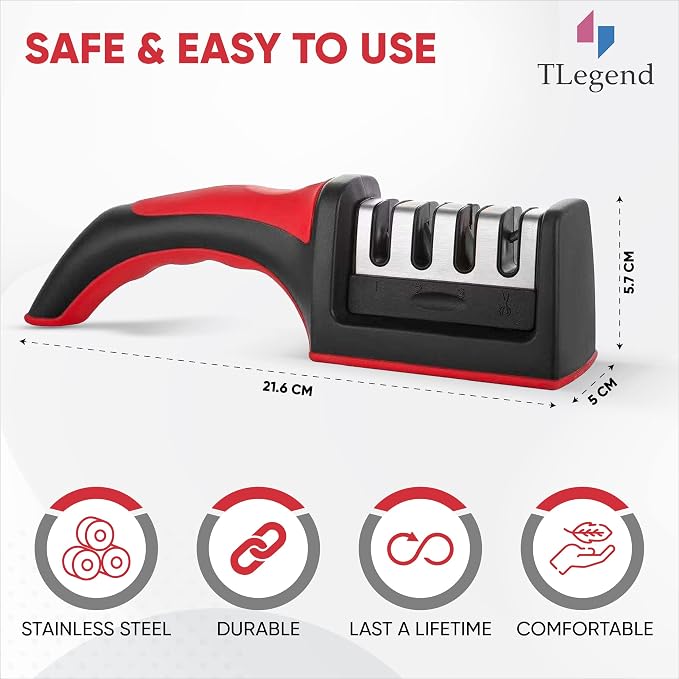 Knife Sharpeners for Kitchen Knives– Stainless Steel 4 in1 Kitchen Knife Sharpener – Ergonomic and Easy to Use Knife Sharpening Kit with 4 Stage Sharpening Slots
