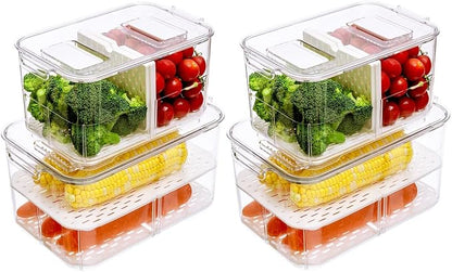 SANNO Fridge Produce Saver Storage Vegetable Fruit Containers Food Produce Saver Container Stackable Refrigerator Organizer Bins Fresh Keeper Drawers Organizer, Set of 4