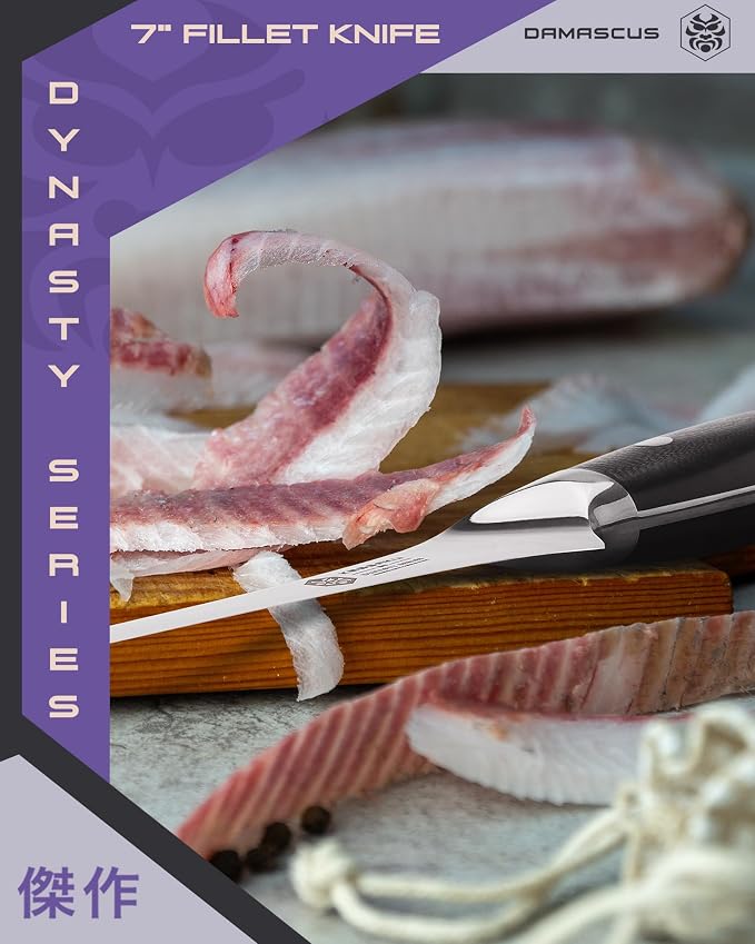 KESSAKU Fillet Knife - 7 inch - Damascus Dynasty Series - Flexible - Razor Sharp - Forged Japanese AUS-10V HC Stainless Steel - Boning, Trimming, Skinning - G10 Garolite Handle with Blade Guard