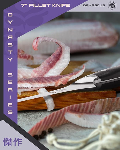 KESSAKU Fillet Knife - 7 inch - Damascus Dynasty Series - Flexible - Razor Sharp - Forged Japanese AUS-10V HC Stainless Steel - Boning, Trimming, Skinning - G10 Garolite Handle with Blade Guard