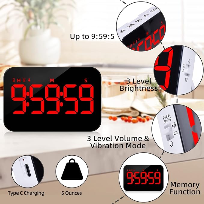 PERSUPER Kitchen Digital Timer, Count Down Up, Rechargeable, Vibration Mode Adjustable Volume and Brightness LED Display, Time Management Cook, Desk, Kids Adults Study Teaching, Kitchen Gadgets RGB