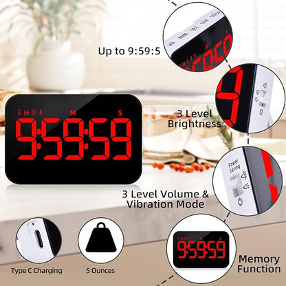 PERSUPER Kitchen Digital Timer, Count Down Up, Rechargeable, Vibration Mode Adjustable Volume and Brightness LED Display, Time Management Cook, Desk, Kids Adults Study Teaching, Kitchen Gadgets RGB