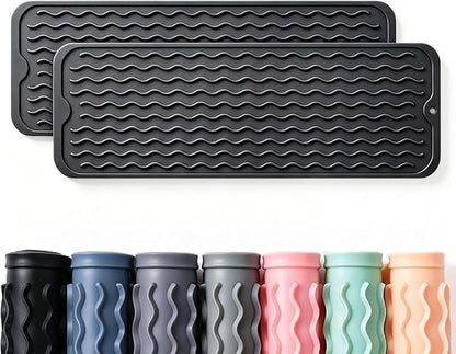 CAKETIME 2 Pack Silicone Dish Drying Mat for Kitchen Counter Coffee Bar Easy to Clean Near Faucet Under Sink Bathroom Vanity Tray Small Gadgets Rack Home Decor Essentials 17"x6" Black