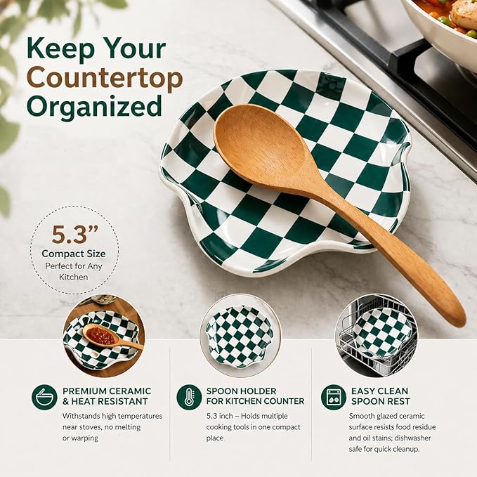 Miamolo Ceramic Spoon Rest for Stove Top, Spoon Holder for Kitchen Counter, Large Utensil Spatula Holder for Stove, Heat Resistant Cooking Spoon Rest, Checkered Kitchen Decor Gift for Housewarming