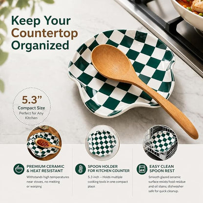 Miamolo Ceramic Spoon Rest for Stove Top, Spoon Holder for Kitchen Counter, Large Utensil Spatula Holder for Stove, Heat Resistant Cooking Spoon Rest, Checkered Kitchen Decor Gift for Housewarming