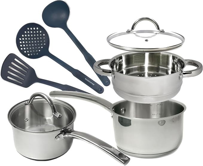 Stainless Steel Saucepan Glass Lid Casting Steel handle Induction Impact Bonded 8 PCS Set Steamer