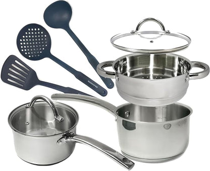 Stainless Steel Saucepan Glass Lid Casting Steel handle Induction Impact Bonded 8 PCS Set Steamer
