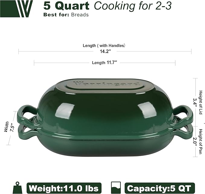VORRINGARD Enameled Cast Iron Sourdough Bread Oven, Dutch Oven, Loaf Cast Iron Bread Pan for Homemade Bread Baking, Meatloaf Pan with Lid, 5QT, Dark Green