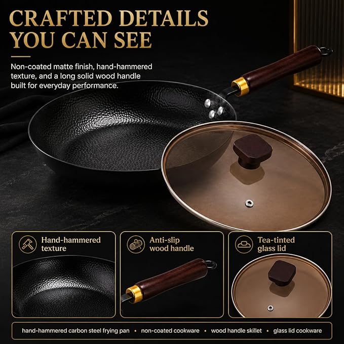 Calmabode 10.5” Hand-Hammered Carbon Steel Skillet with Glass Lid | Pre-seasoned coating-free carbon steel, flared rim, flat bottom, induction compatible, ideal for steak, eggs and searing