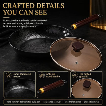Calmabode 10.5” Hand-Hammered Carbon Steel Skillet with Glass Lid | Pre-seasoned coating-free carbon steel, flared rim, flat bottom, induction compatible, ideal for steak, eggs and searing