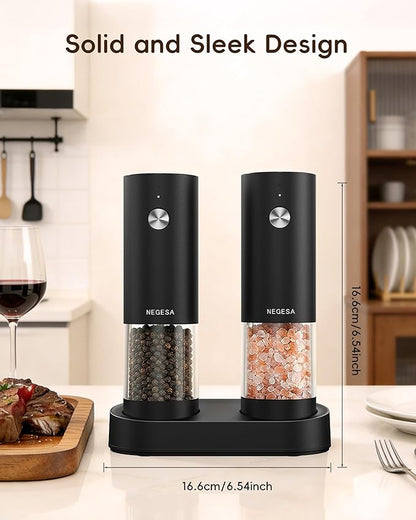 Electric Salt and Pepper Grinder Set, Rechargeable USB Base, Automatic One-Hand Operation, 6 Adjustable Coarseness, 140ml Capacity, LED Light, Refillable for Kitchen, Housewarming Gift