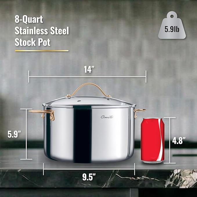 Ciwete 8 Quart Stock Pot, 3 Ply Whole Clad Stainless Steel Stock Pot, 8 QT Cooking Pot with Lid, Induction Pot for Cooking, 18/10 Stainless Steel Cookware Stockpots Oven, Gas and Dishwasher Safe