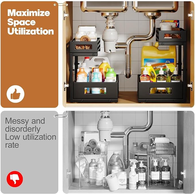 2-Pack Under Sink Organizer and Storage,2-Tier L Shape Pull Out Cabinet Organizer With Round Tube Slide Rails,Hight Adjustable Slide Out Drawers for Kitchen&Bathroom,Multi-Purpose Shelf-Black