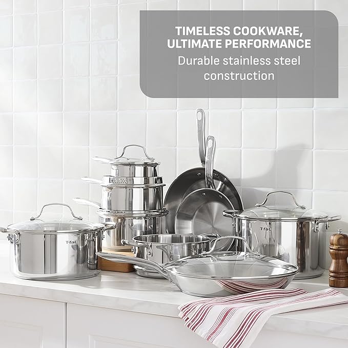 T-fal Gourmet 15-Piece Stainless Steel Cookware Set, Pots and Cooking Set, Dishwasher Safe, Oven Safe to 500°F, Induction Compatible, Sauce, Saute, Frying Pans, Silver